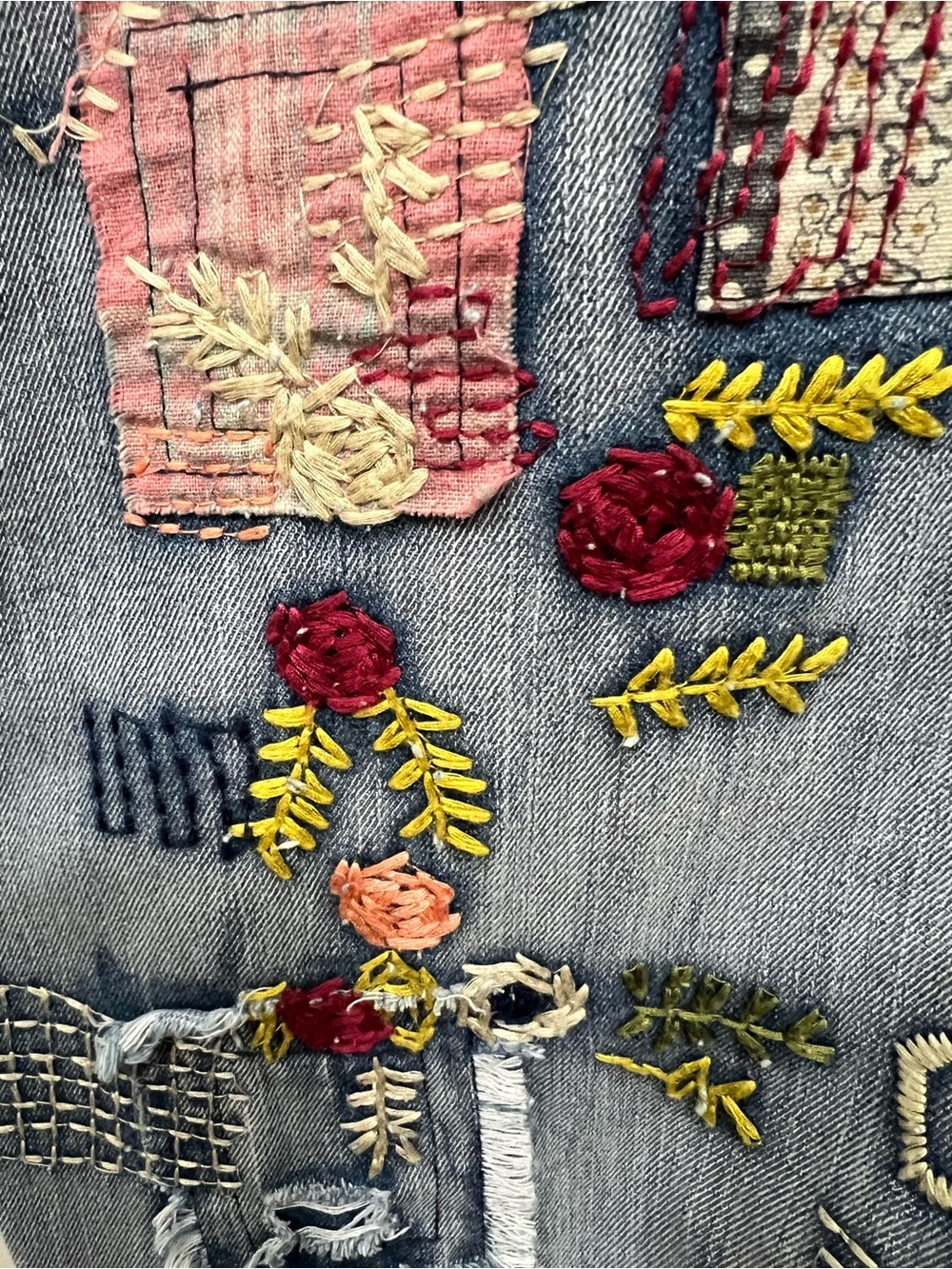Blue Velvet Fun and Funky Overalls with Colorful Embroidery and Patchwork. - Picture 9 of 10
